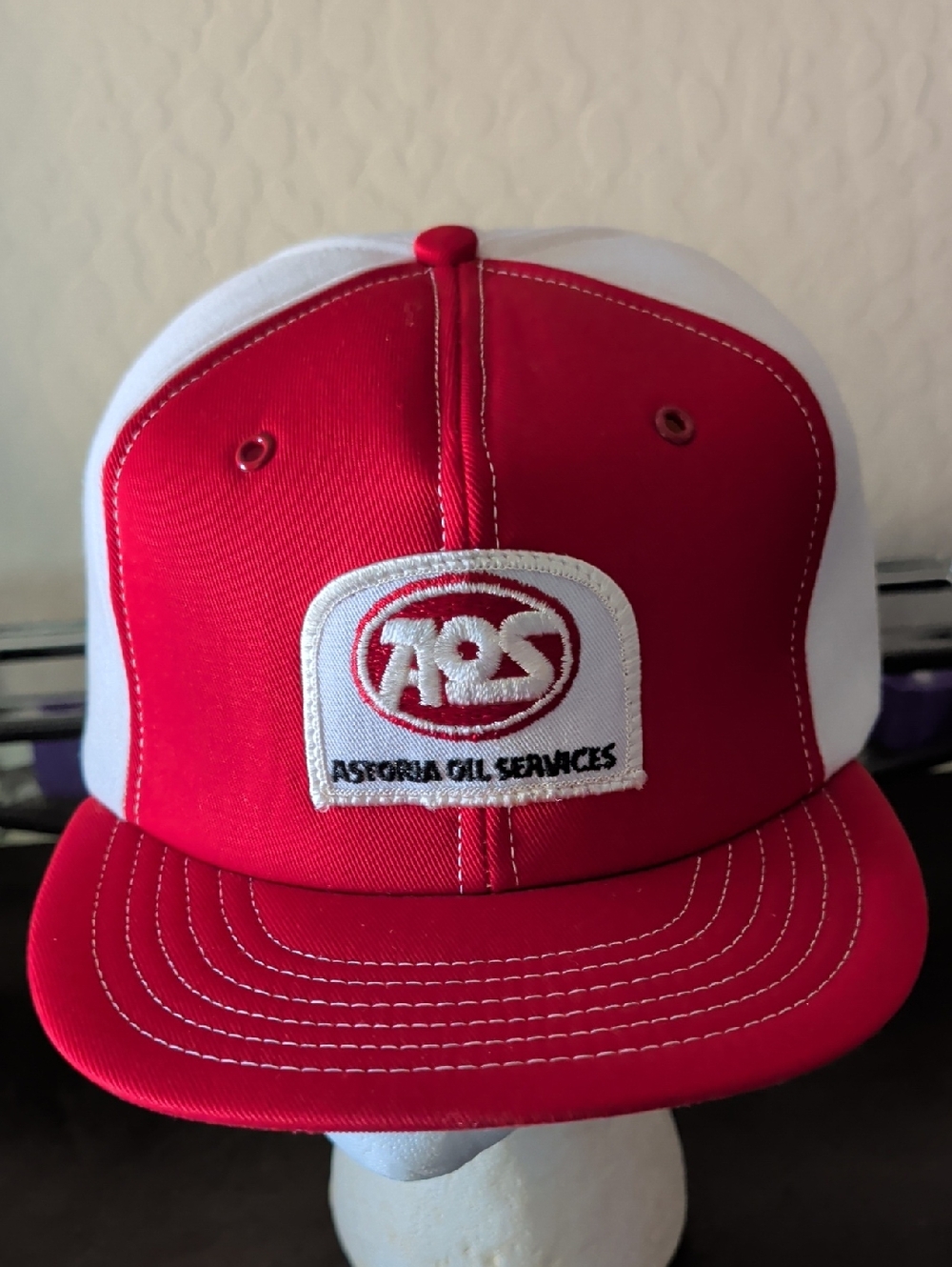 Vtg 80s Astoria Oil Services AOS Snapback Hat Red White Meshless Trucker